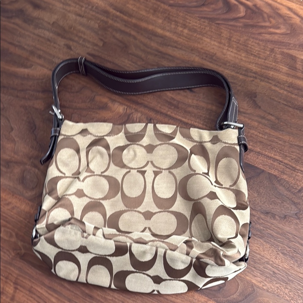 Coach Tan and Brown Signature Shoulder Bag